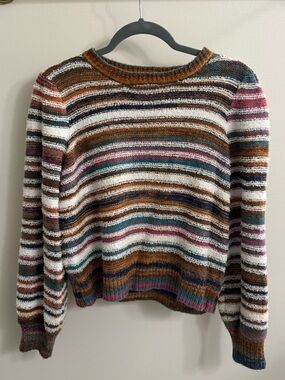 Striped Crewneck Sweater in Cream, Brown, Teal & Rose